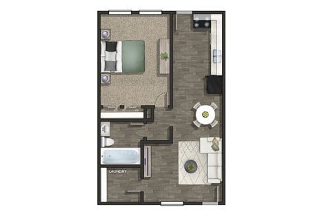 Floor plan for 1 bed, 1 bath, 673 sqft